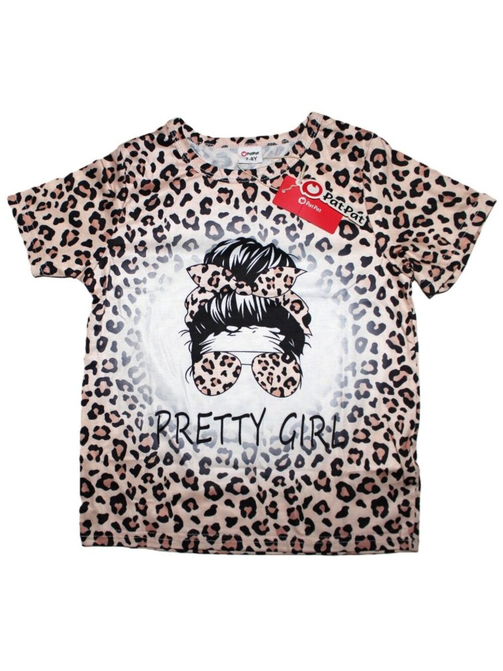 PatPat Girls Top 7-8 Years Graphic Tee Animal Print Pretty Girl Brown Beige